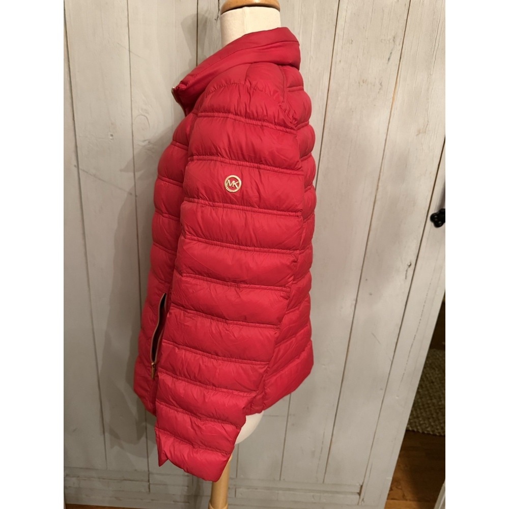 MICHAEL KORS Red Quilted Lg Packable Puffer Down Jacket Coat Gold Zip L5 - Picture 7 of 9